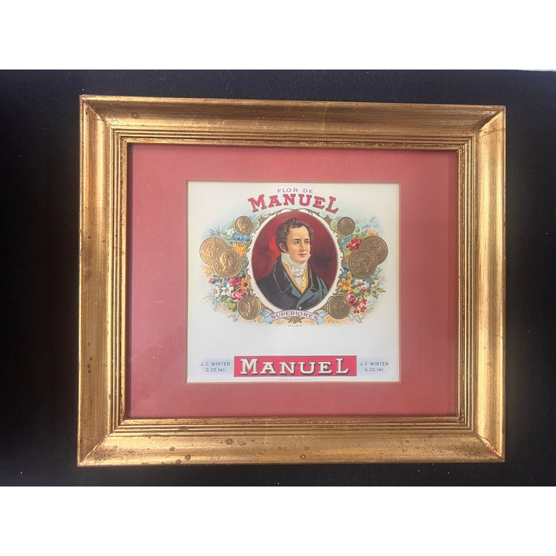 ANTIQUE CIGAR LABEL FLORDE MANUEL FRAMED WITH CERT AUTH 29x35cm