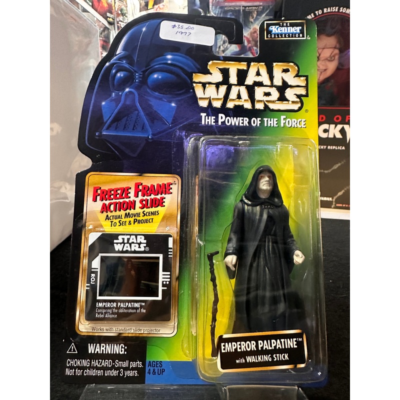 STAR WARS YEAR 1997 POWER OF THE FORCE SERIES 4 INCH TALL FIGURE – EMPEROR PALPATINE WITH WALKING STICK AND FREEZE FRAME ACTION SLIDE