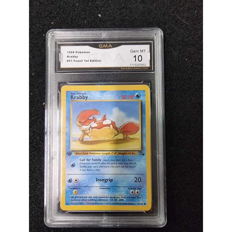 1999 Pokmon Fossil 1st Edition #51 Krabby GMA 10 GEM MT Vintage