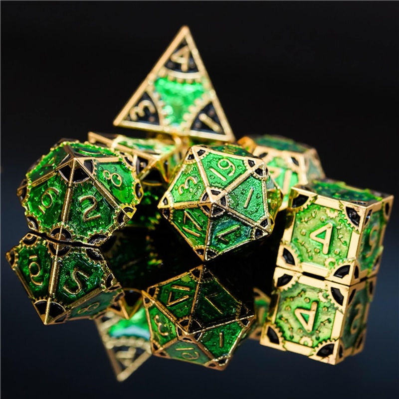 Steampunk Chaos Engine Poison Green Metal Rogue Style DND/TTRPG Dice set