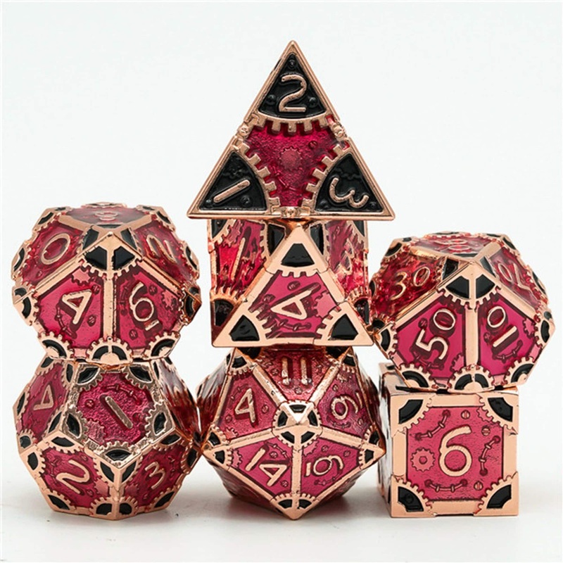 Steampunk Chaos Engine Red Metal Rogue Style DND/TTRPG Dice set
