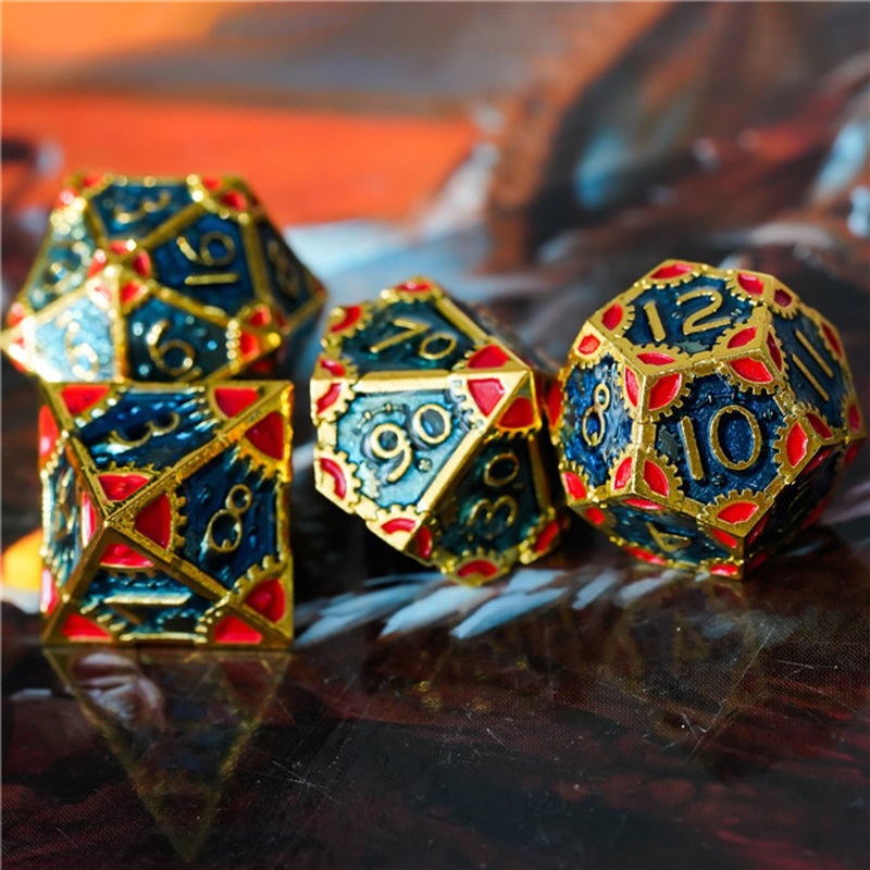 Steampunk Chaos Engine Rich Blue and Red Metal Rogue Style DND/TTRPG Dice set