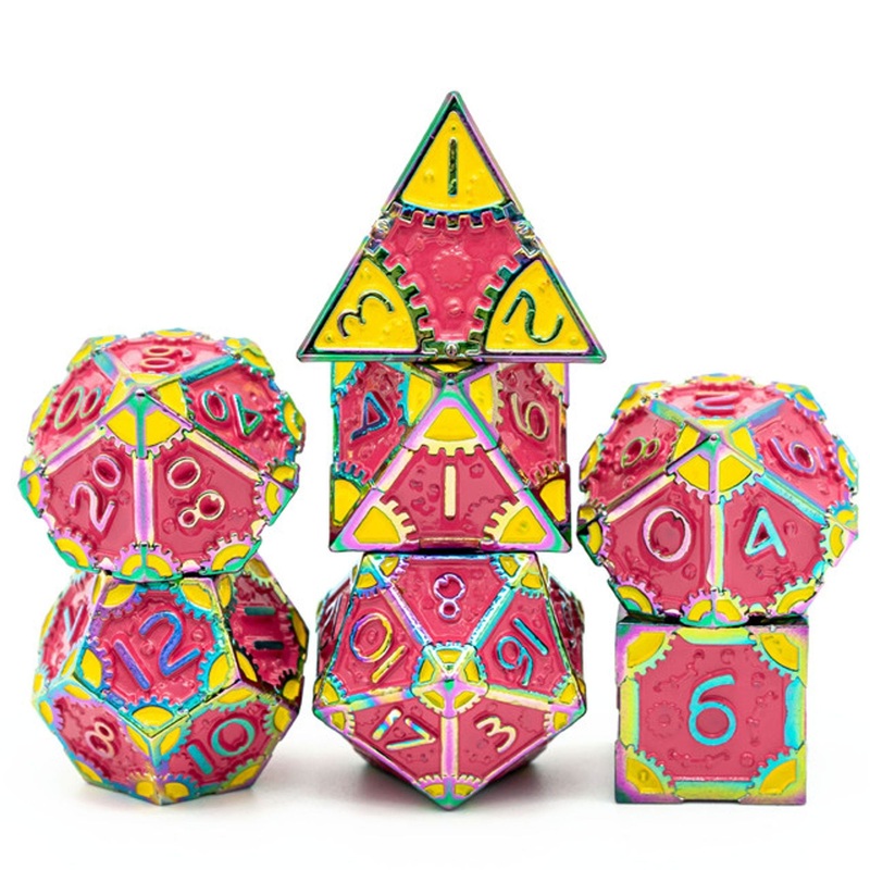 Steampunk Chaos Engine Vibrant Coloured Rainbow Metal Rogue TTRPG/DND DICE SET