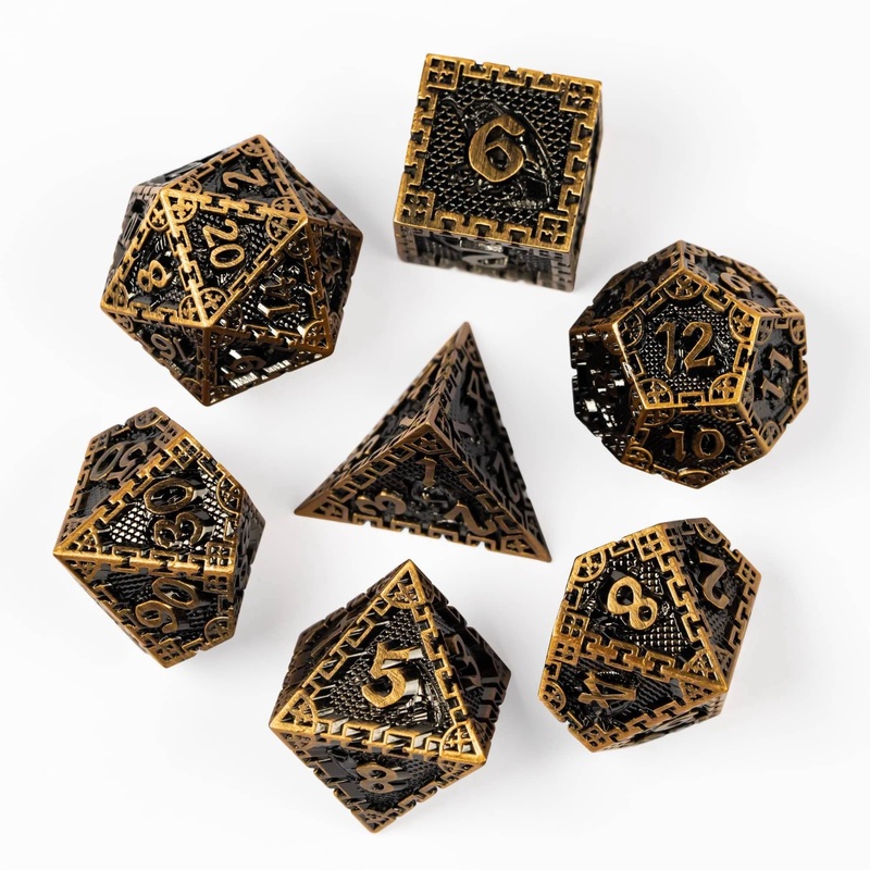Antique Gold Dragon Guarded City Walls Metal TTRPG/DND DICE SET
