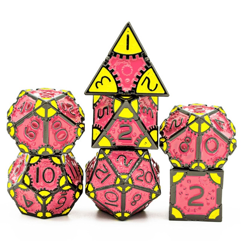 Steampunk Chaos Engine Bomb Pink Metal Rogue Style DND/TTRPG Dice set