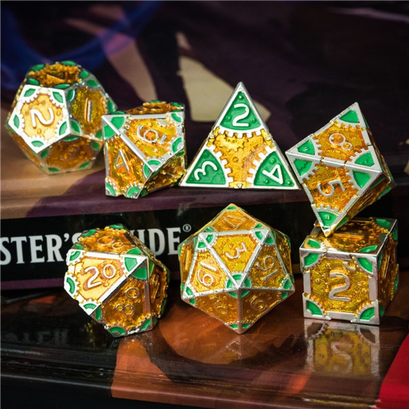 Steampunk Chaos Engine Golden Orange Metal Rogue Style DND/TTRPG Dice set