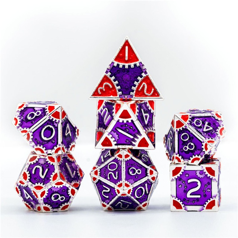 Steampunk Chaos Engine Purple and Red Metal Rogue Style DND/TTRPG Dice set