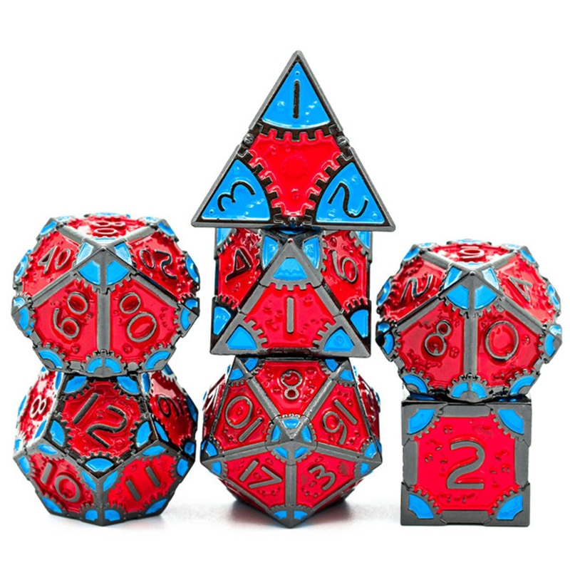 Steampunk Chaos Engine Vibrant Red and Blue Metal Rogue TTRPG/DND DICE SET