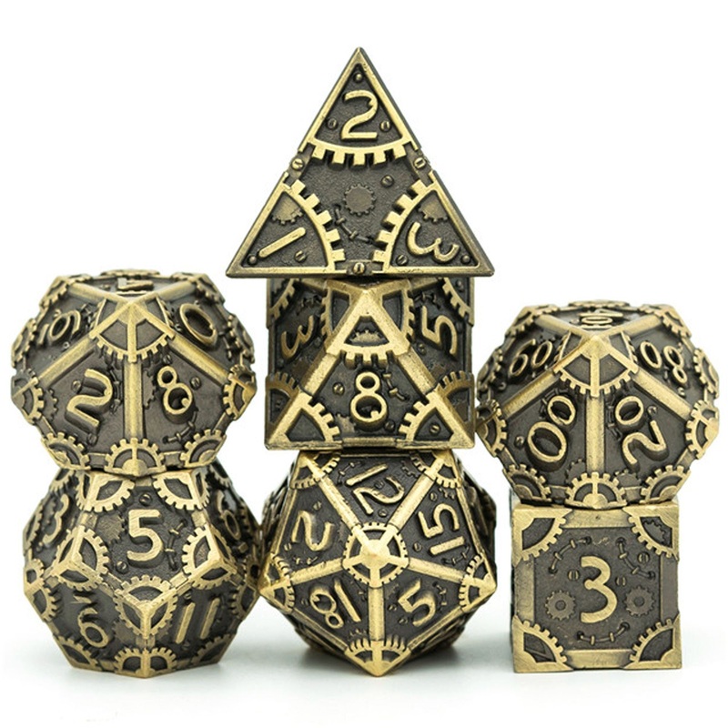 Steampunk Faded Bronze Brushed Patinal Metal Rogue Style DND/TTRPG Dice set